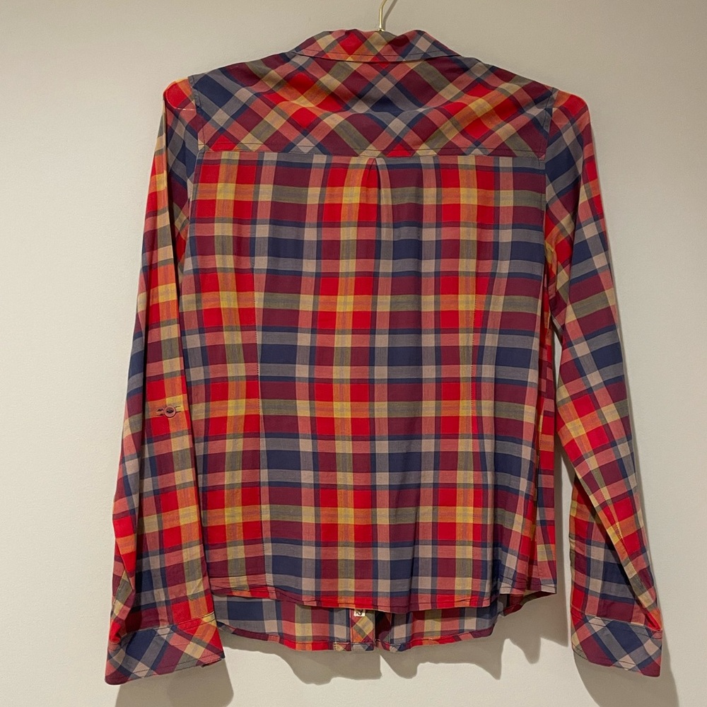 Euc Fossil Ruffle Accent Sheet Plaid Button Down … - image 3